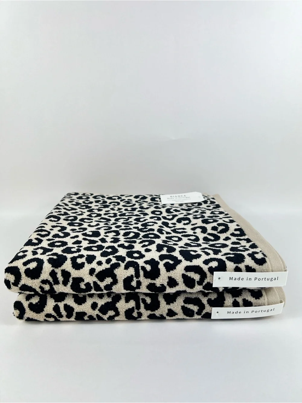 Bianca Bath Towel Set Luxurious Beige Black Leopard Print Velour Cotton 2 pc NEW